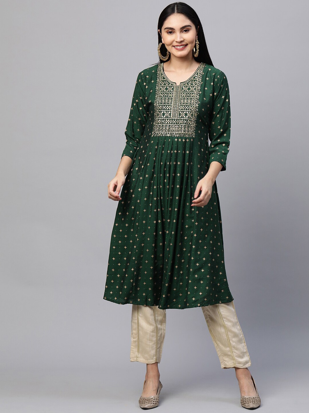

FASHOR Women Green Ethnic Motifs Printed Keyhole Neck Flared Sleeves Anarkali Kurta