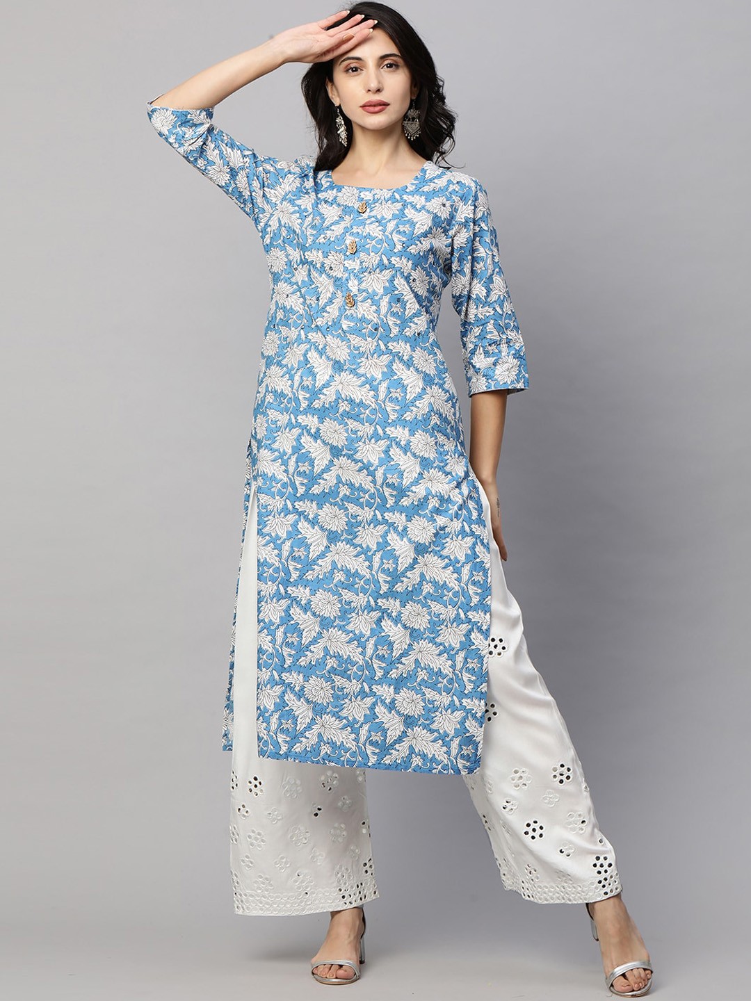 

FASHOR Women Blue & White Ethnic Motifs Printed Kurta