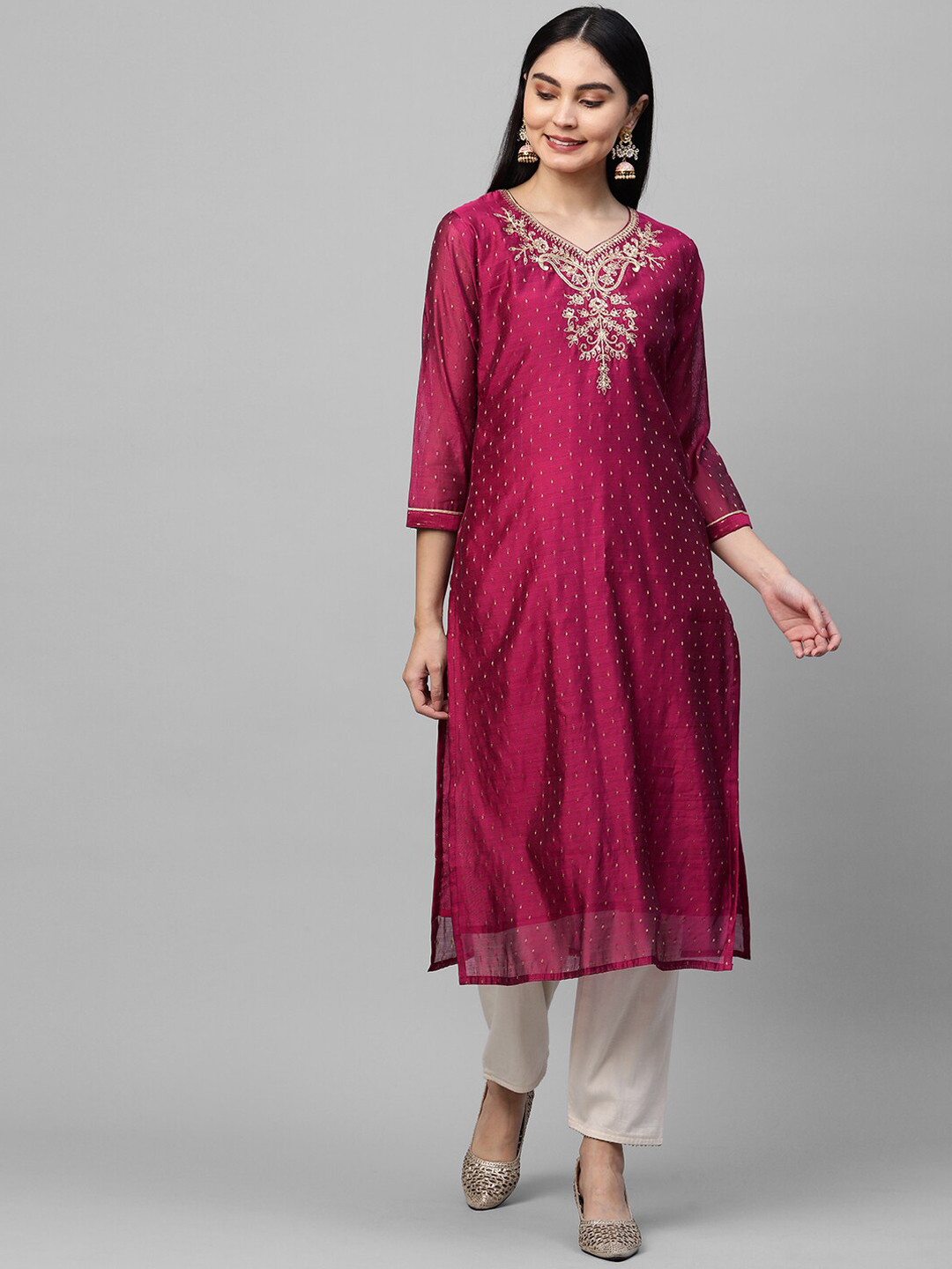 

FASHOR Women Pink Ethnic Motifs Yoke Design Thread Work Chanderi Silk Chanderi Silk Kurta