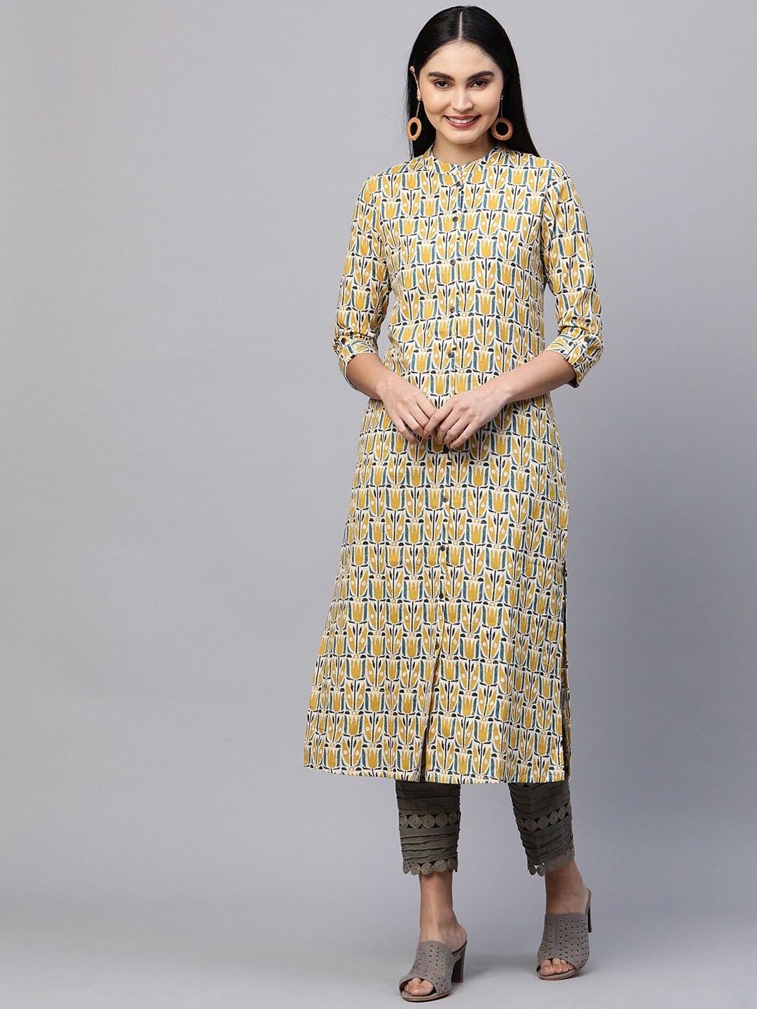 

FASHOR Women Yellow Geometric Printed Kurta