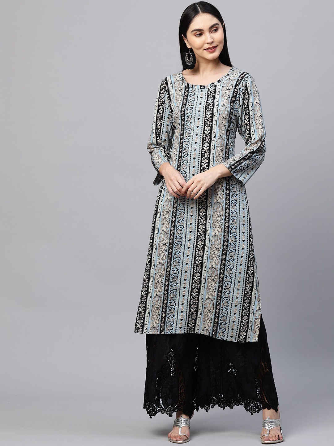 

FASHOR Women Blue & Black Ethnic Motifs Printed Thread Work Kurta
