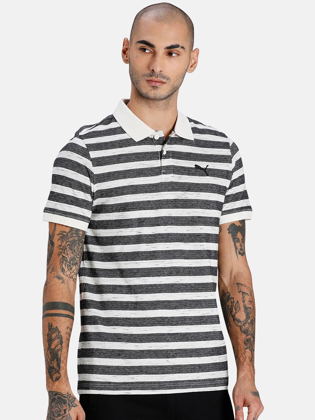

Puma Men Slim Fit Striped Polo Collar T-shirt, Cream