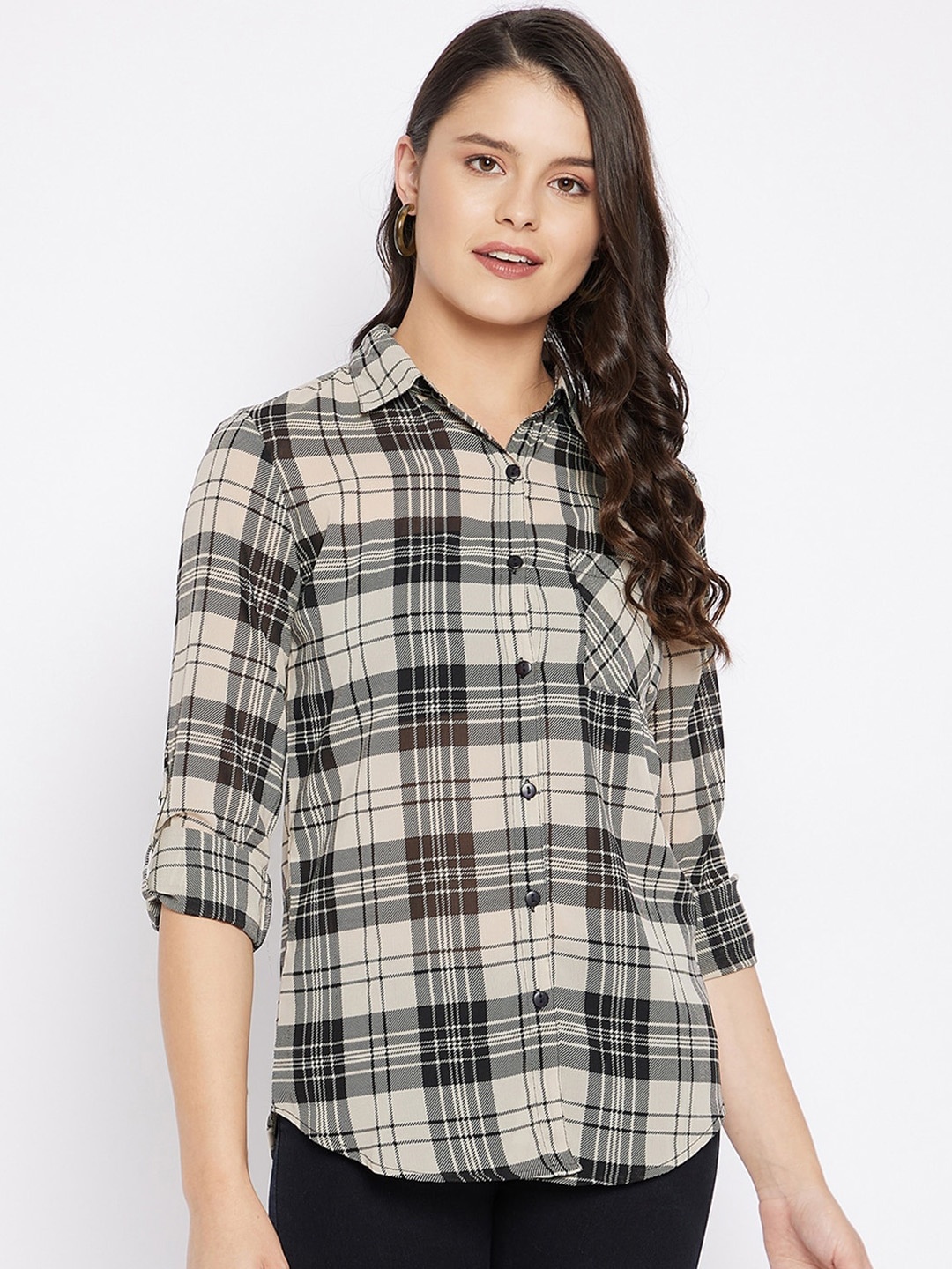 

Ruhaans Women Beige Classic Tartan Checks Opaque Checked Casual Shirt