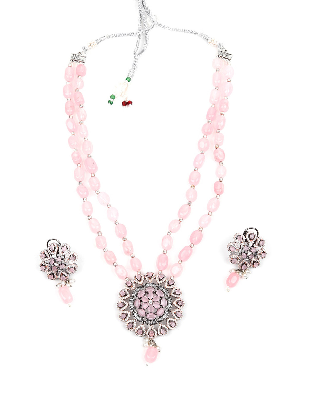 

ODETTE Silver-Toned Pink Crystal Studded & Beaded Jewellery Set