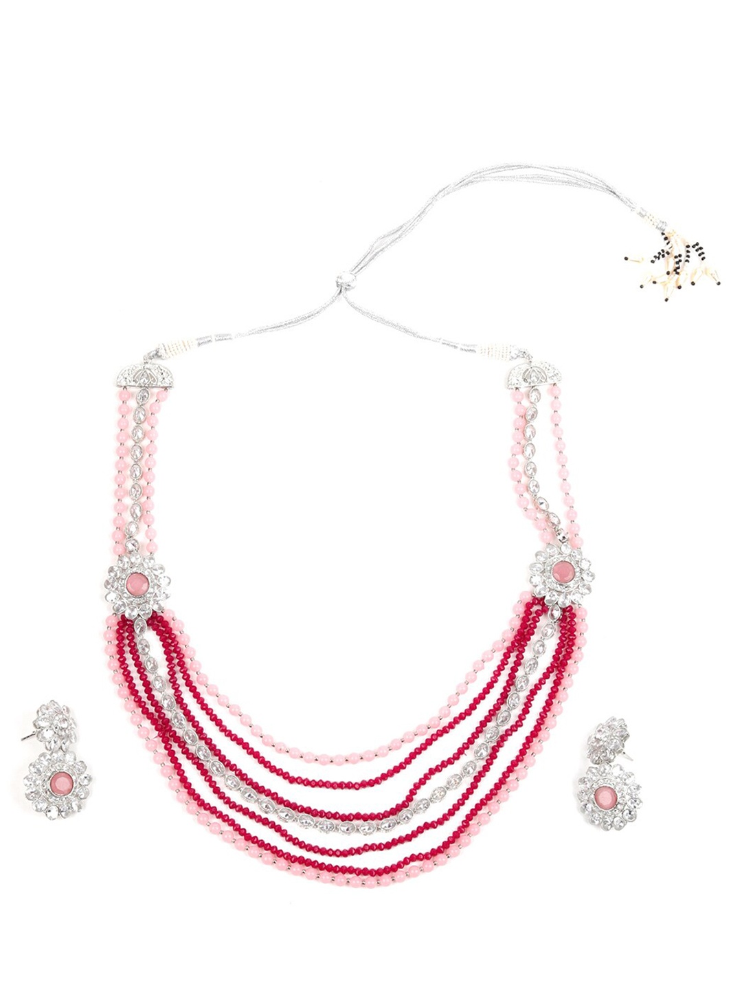 

ODETTE Silver-Toned & Red Stone-Studded & Beaded Layered Jewellery Set