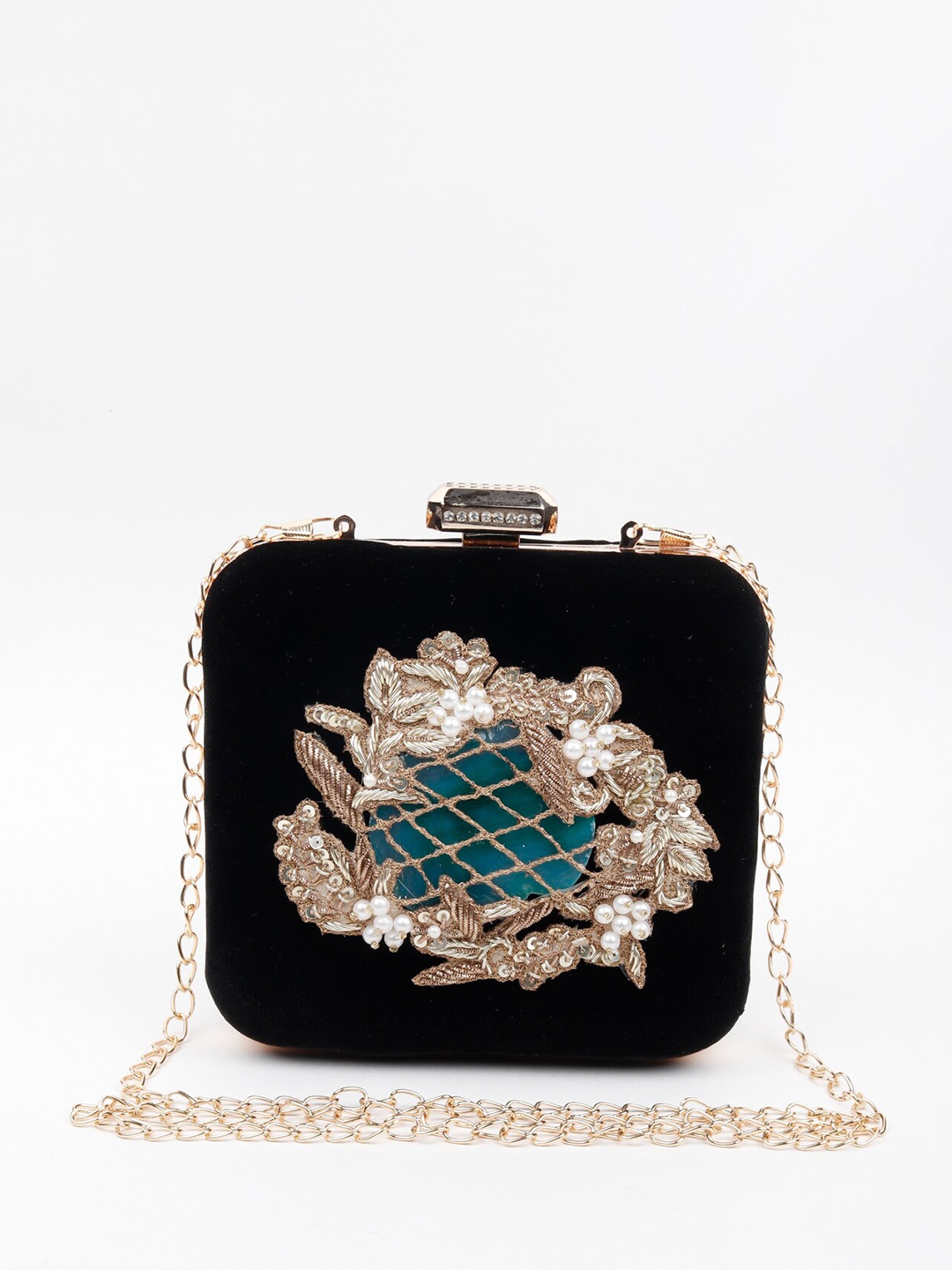 

ODETTE Black & Beige Embellished Foldover Clutch