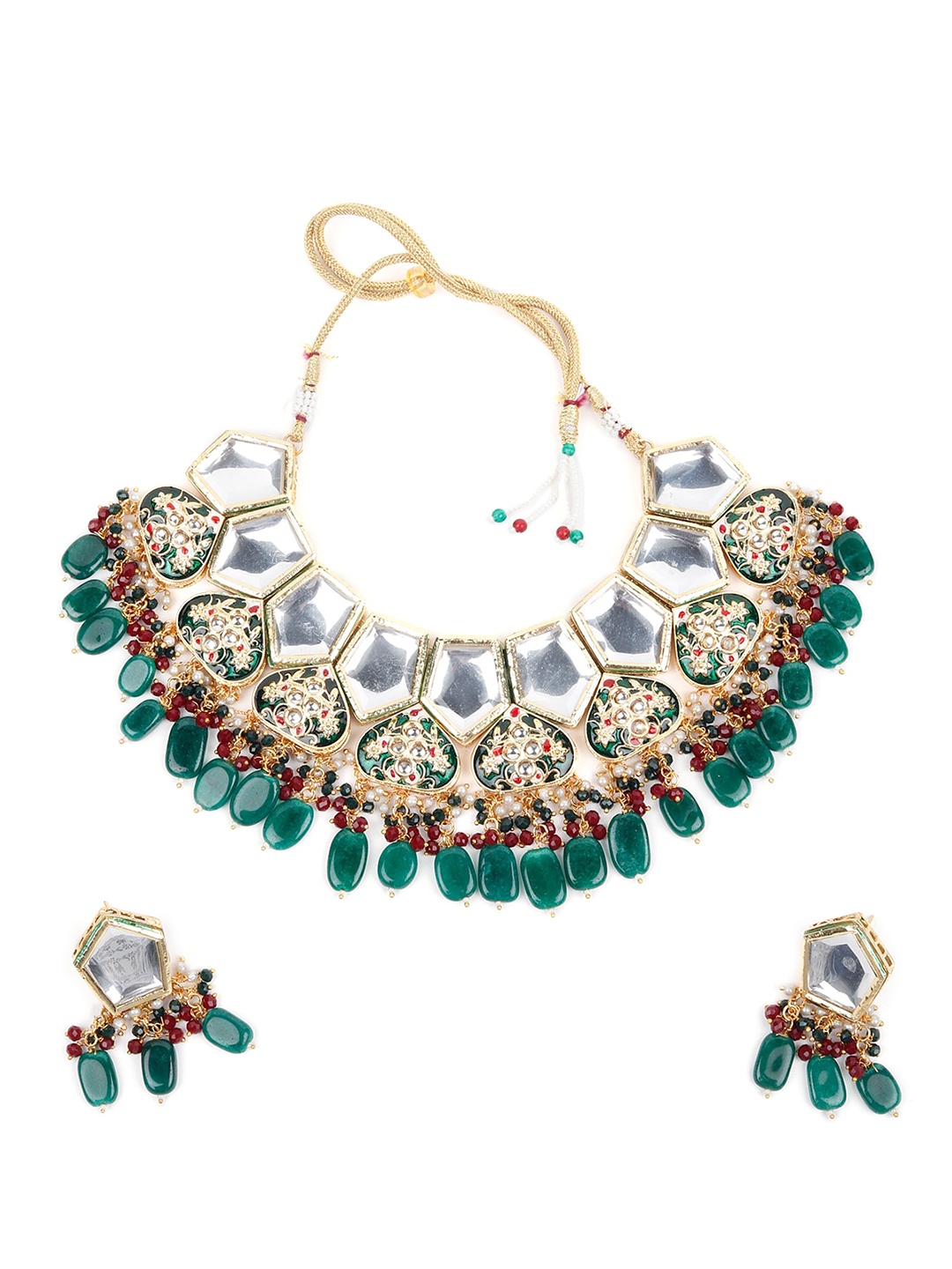 

ODETTE Gold-Plated Green & White Kundan-Studded & Emerald Beaded Jewellery Set