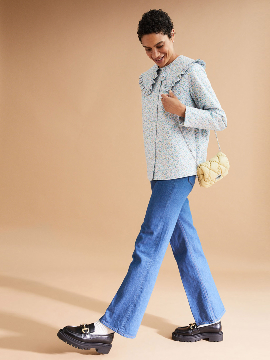 

H&M Women Blue Frill-Trim-Collar Shirt Jacket