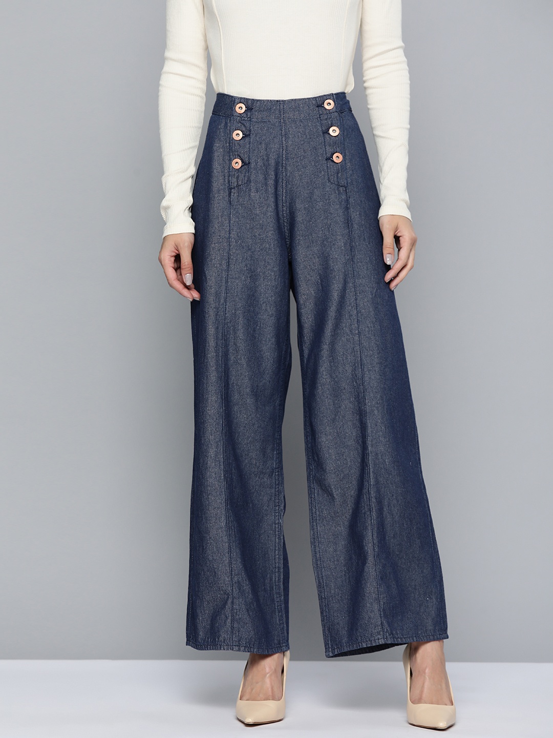 

Chemistry Women Blue Denim Pure Cotton Parallel Trousers