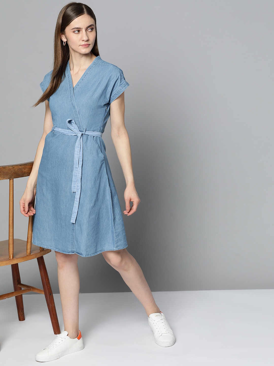 

Chemistry Blue Solid Pure Cotton Denim Wrap Dress