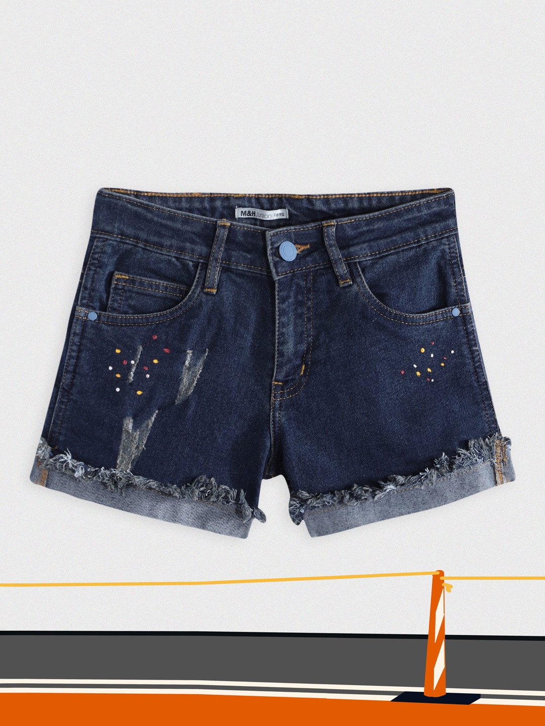 

M&H Juniors Girls Navy Blue Denim Shorts with Frayed Detail