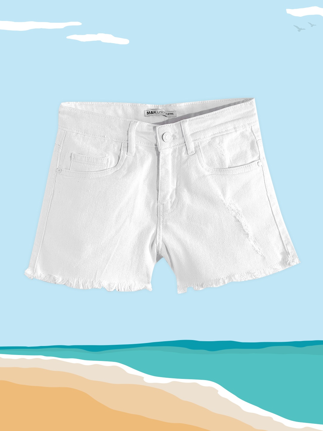 

M&H Juniors Girls White Solid Distressed Frayed Hem Denim Shorts