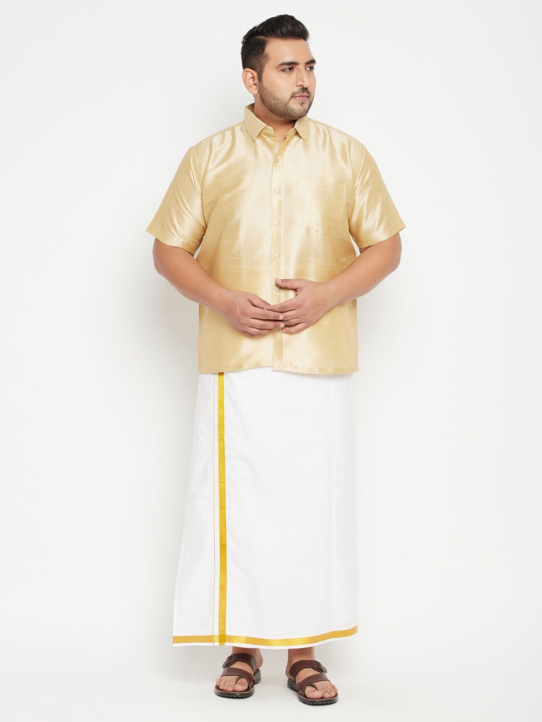 

VASTRAMAY Men Gold & Cream-Coloured Shirt with Dhoti
