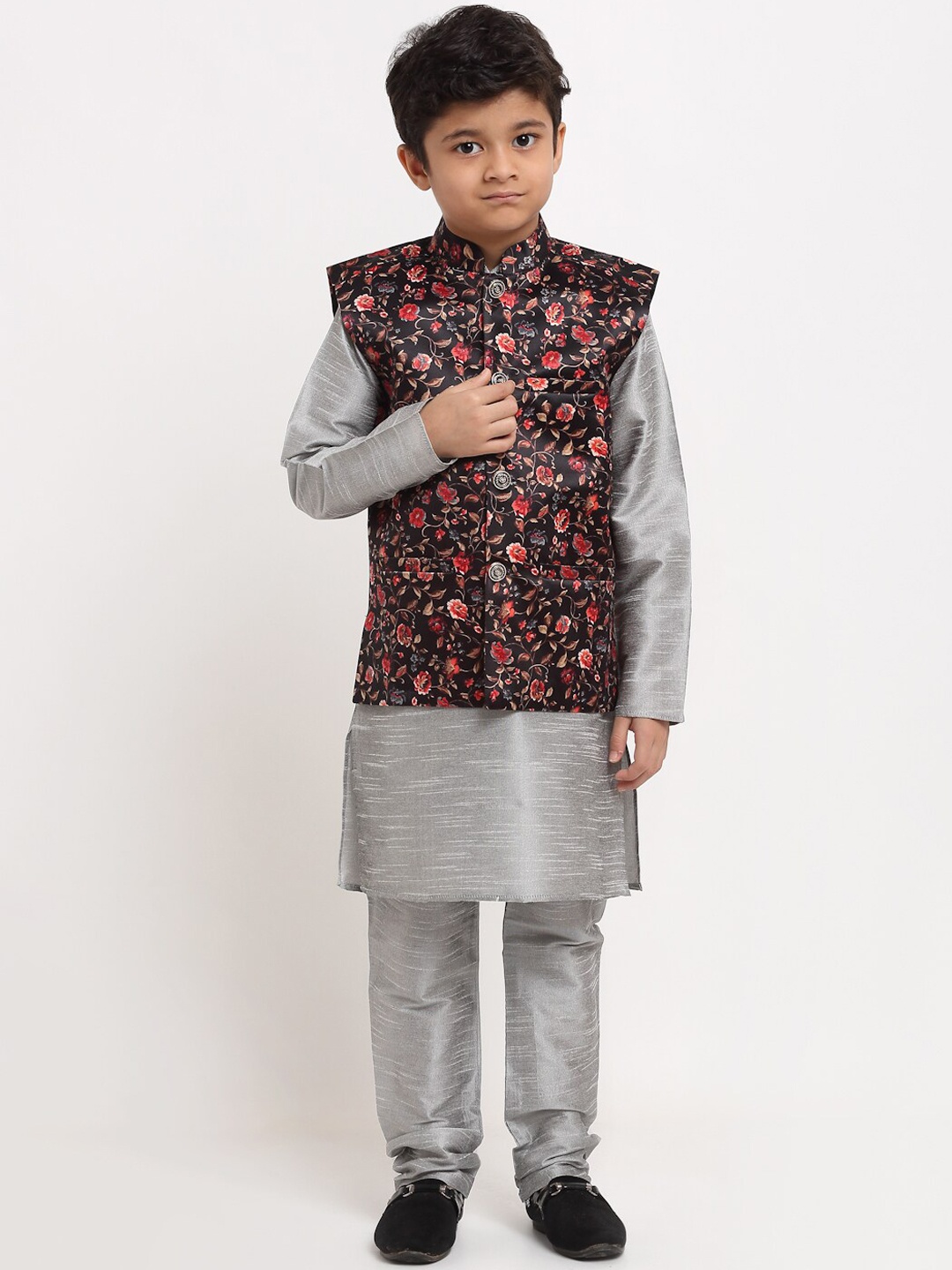 

KRAFT INDIA Boys Silver Ethnic Motifs Dupion Silk Kurta with Churidar & Nehru Jacket