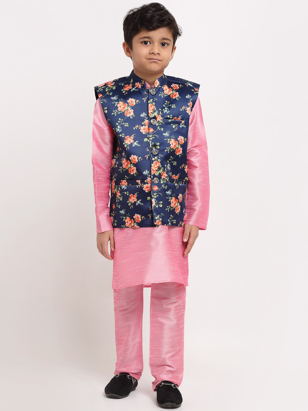 

KRAFT INDIA Boys Pink Floral Dupion Silk Kurta with Pyjamas & Nehru Jacket