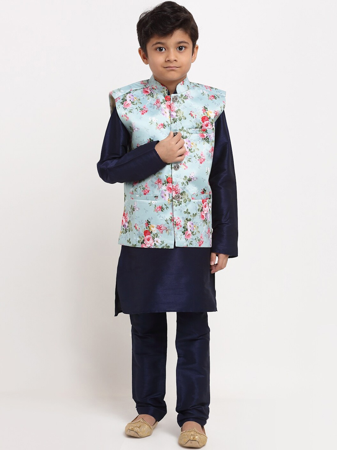 

KRAFT INDIA Boys Navy Blue Floral Dupion Silk Kurta with Churidar & Nehru Jacket
