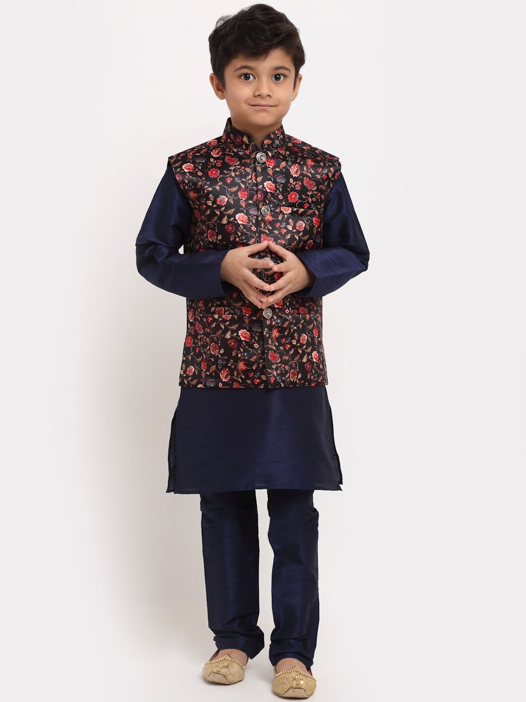 

KRAFT INDIA Boys Navy Blue Floral Printed Dupion Silk Kurta with Pyjamas & Nehru Jacket