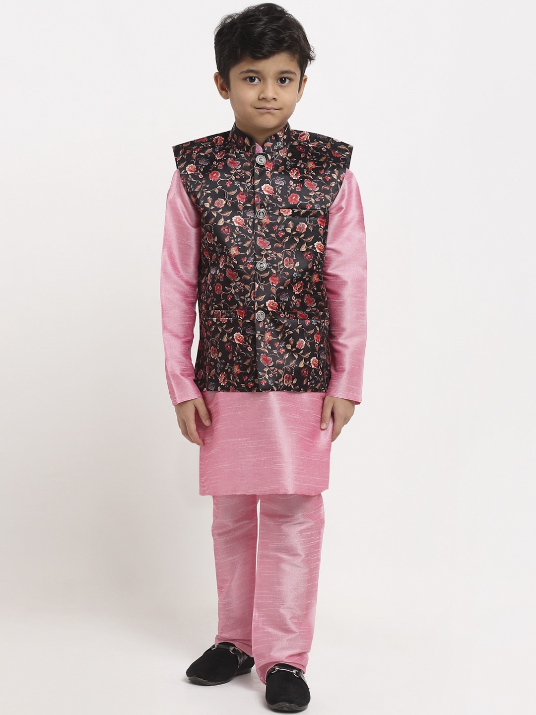 

KRAFT INDIA Boys Pink Floral Dupion Silk Kurta with Pyjamas & Nehru Jacket