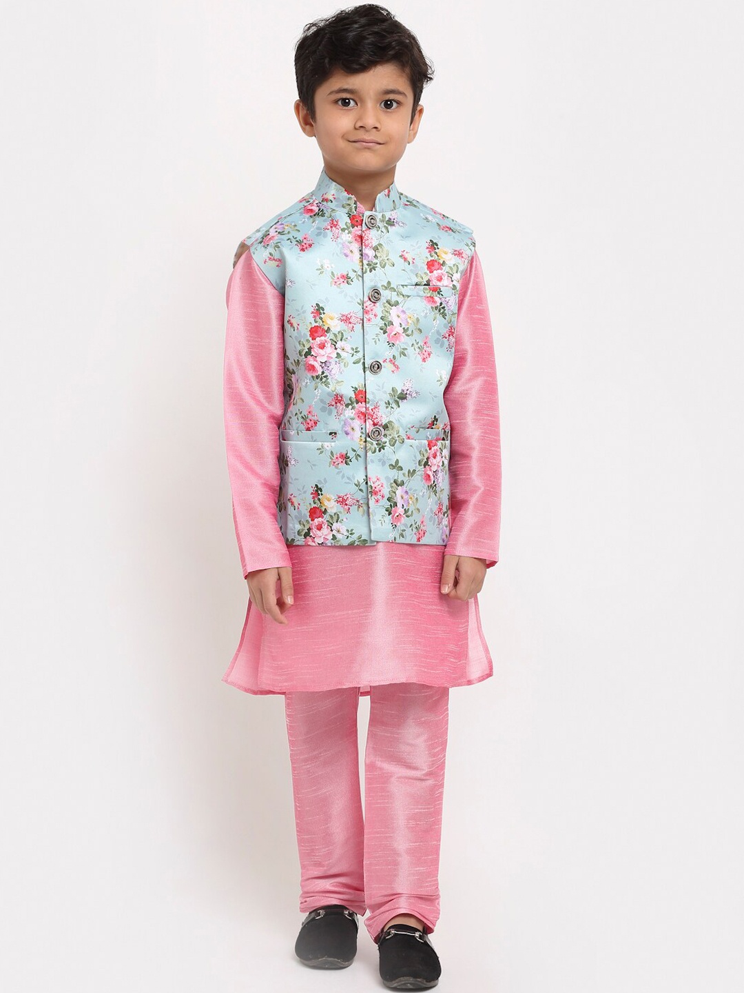 

KRAFT INDIA Boys Pink Floral Printed Dupion Silk Kurta with Churidar & Nehru Jacket