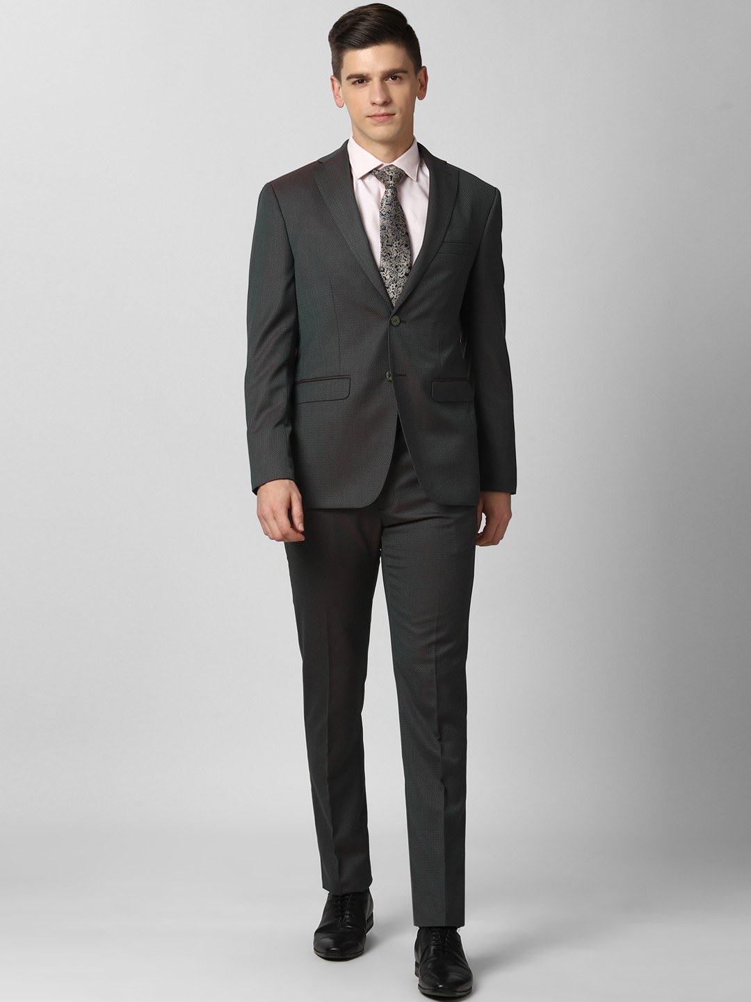 

Peter England Elite Men Grey Self Design Slim-Fit Three-Piece Suit