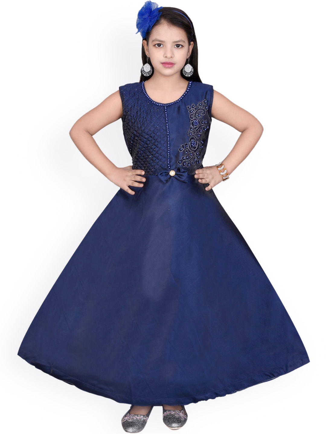 

SKY HEIGHTS Girls Navy Blue Embellished Satin Maxi Dress