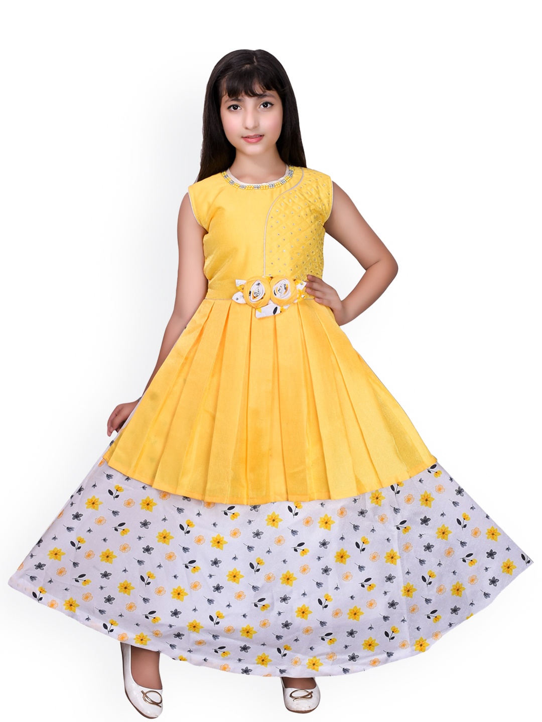 

SKY HEIGHTS Yellow & White Floral Layered Satin Dress