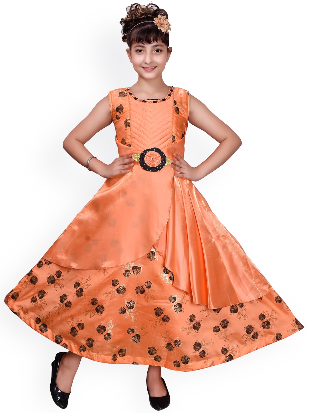 

SKY HEIGHTS Orange & Black Floral Satin Maxi Dress
