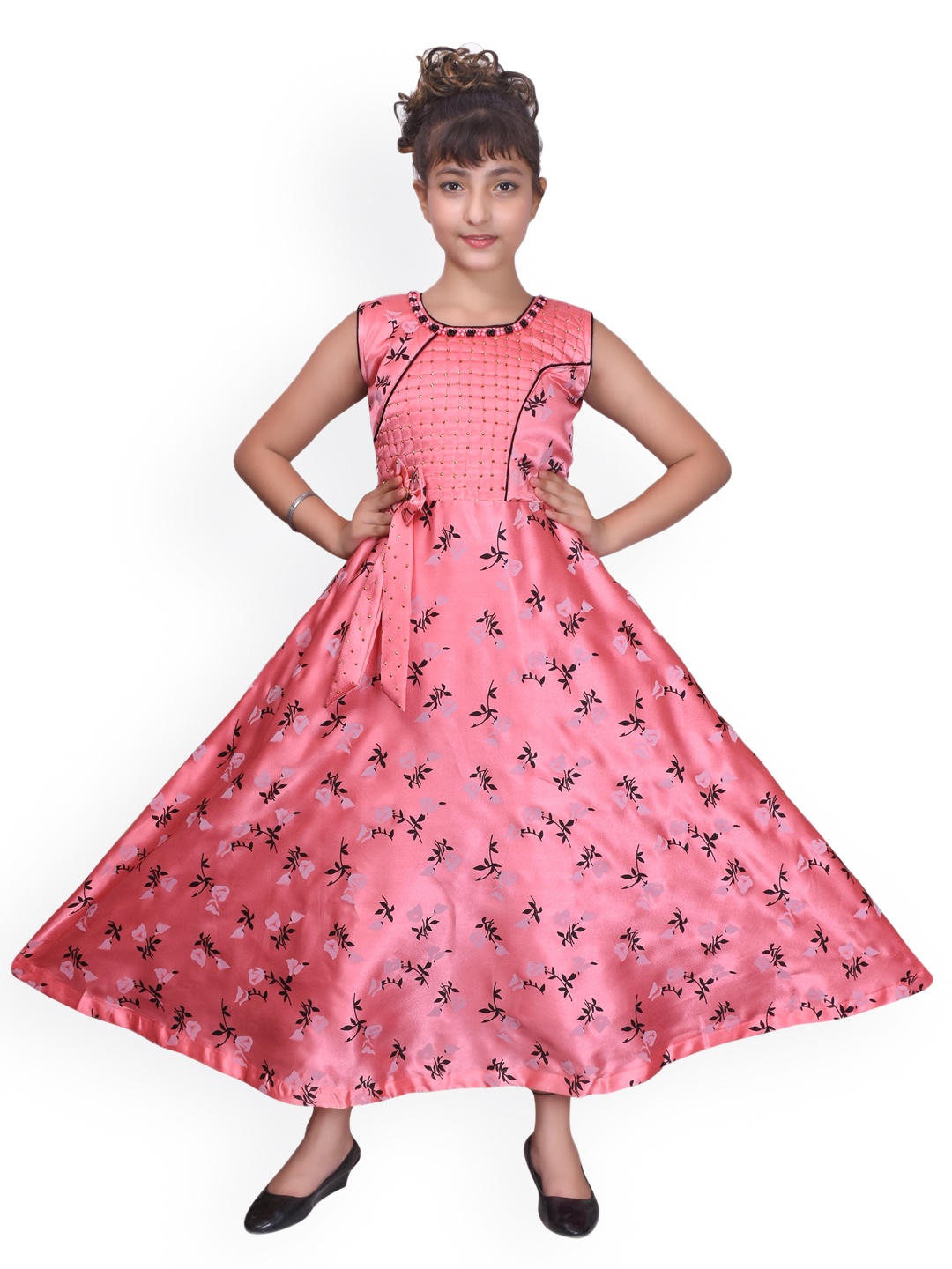 

SKY HEIGHTS Girls Pink & Black Floral Round Neck Satin Maxi A-line Dress