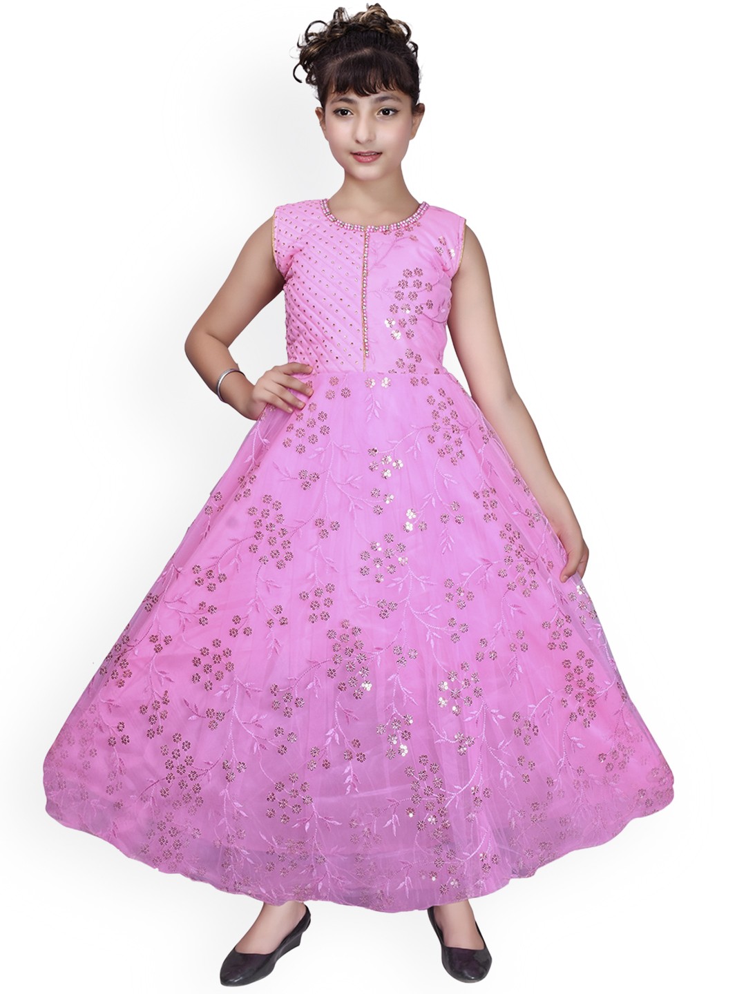 

SKY HEIGHTS Pink Embellished Floral Net Maxi Dress