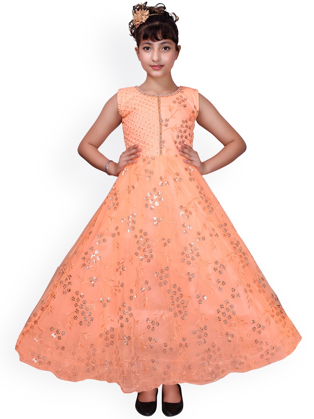 

SKY HEIGHTS Girls Peach-Coloured & Gold-Toned Embellished Net Maxi Dress