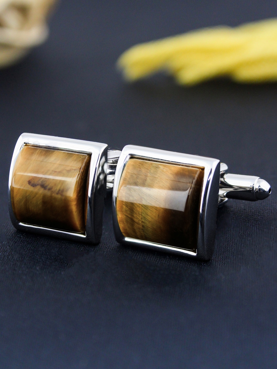 

PELUCHE Silver-Toned & Brown Tiger's Eye Stone Geometric Cufflink