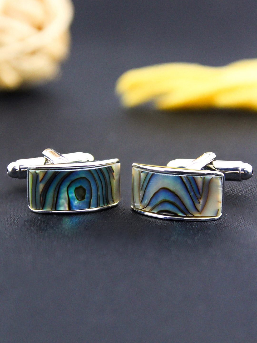 

PELUCHE Silver-Toned Natural Abalone Shell Stone Geometric Cufflink