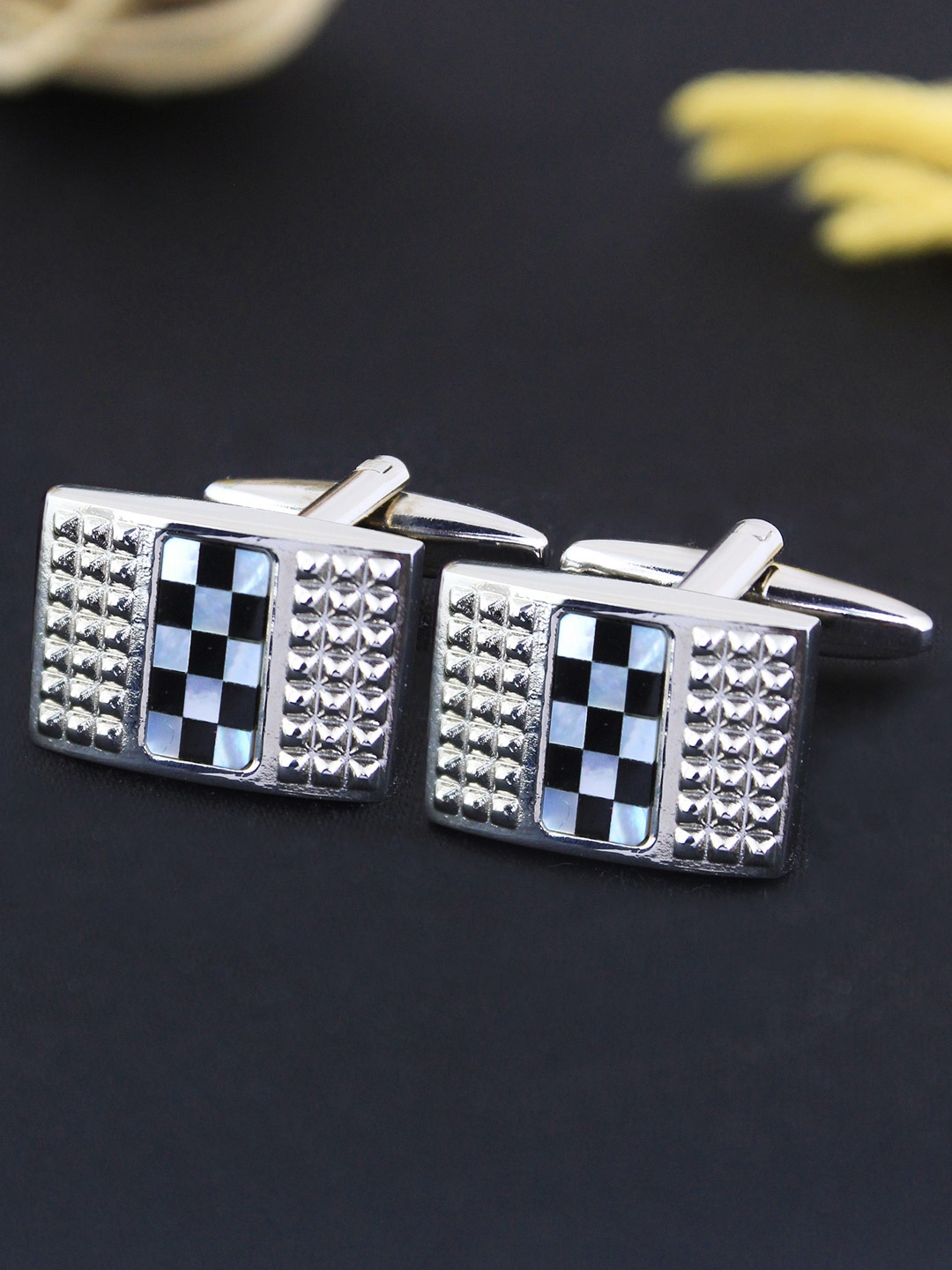 

PELUCHE Silver-Toned & Black Mother Of Pearls & Onyx Stone Cufflink