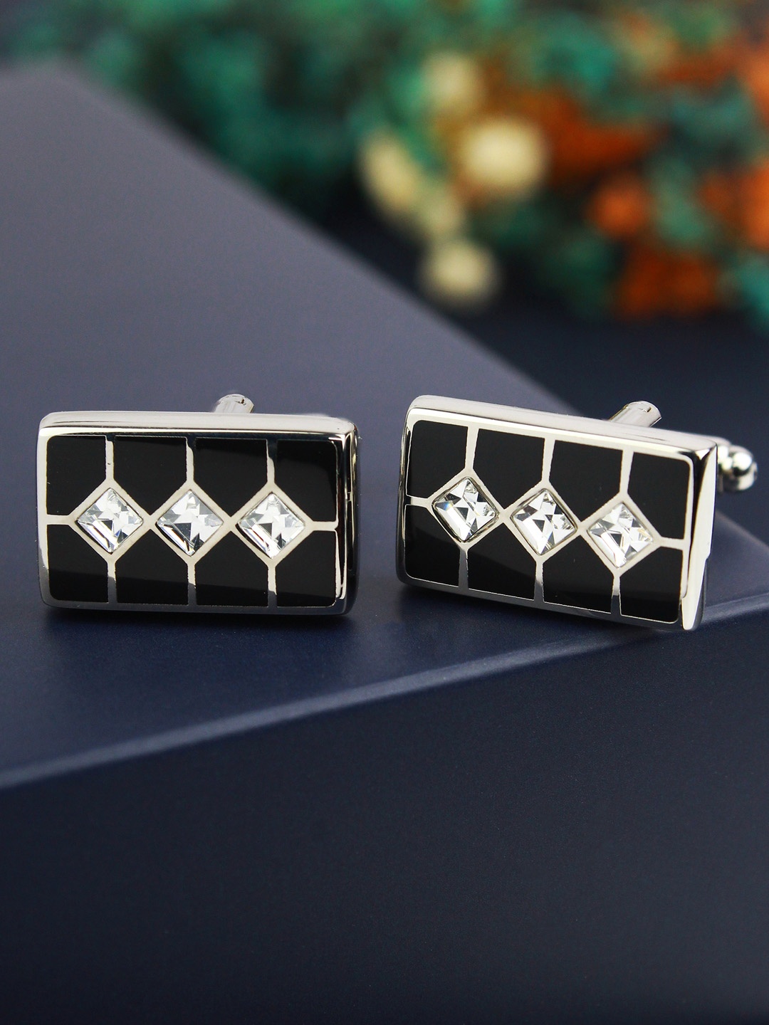 

PELUCHE Silver-Toned & Black Crystal Cufflink