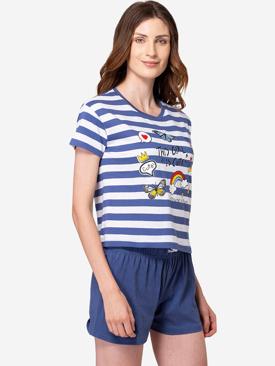 

Lounge Dreams Women Navy Blue & White Striped Night suit