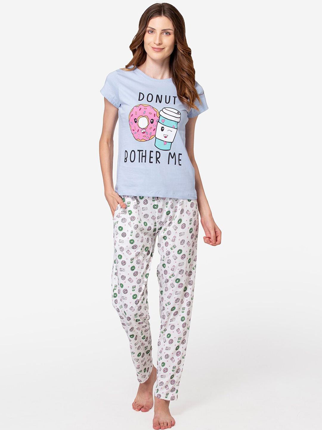 

Lounge Dreams Women Blue & White 100% Cotton Printed Night suit
