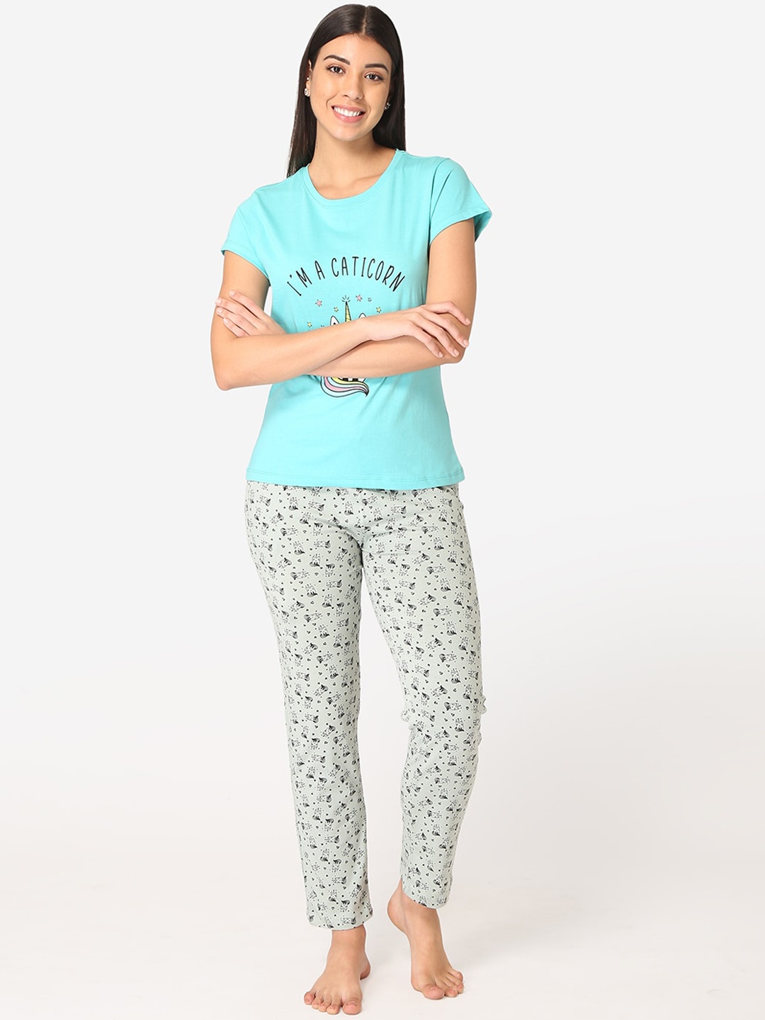 

Lounge Dreams Women Blue & Grey Printed Pure Cotton Night suit