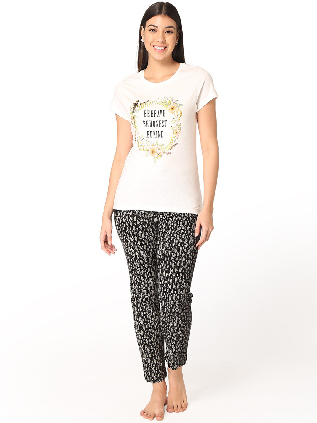 

Lounge Dreams Women White & Blue 2 Pc Graphic Printed Pure Cotton Night Suit