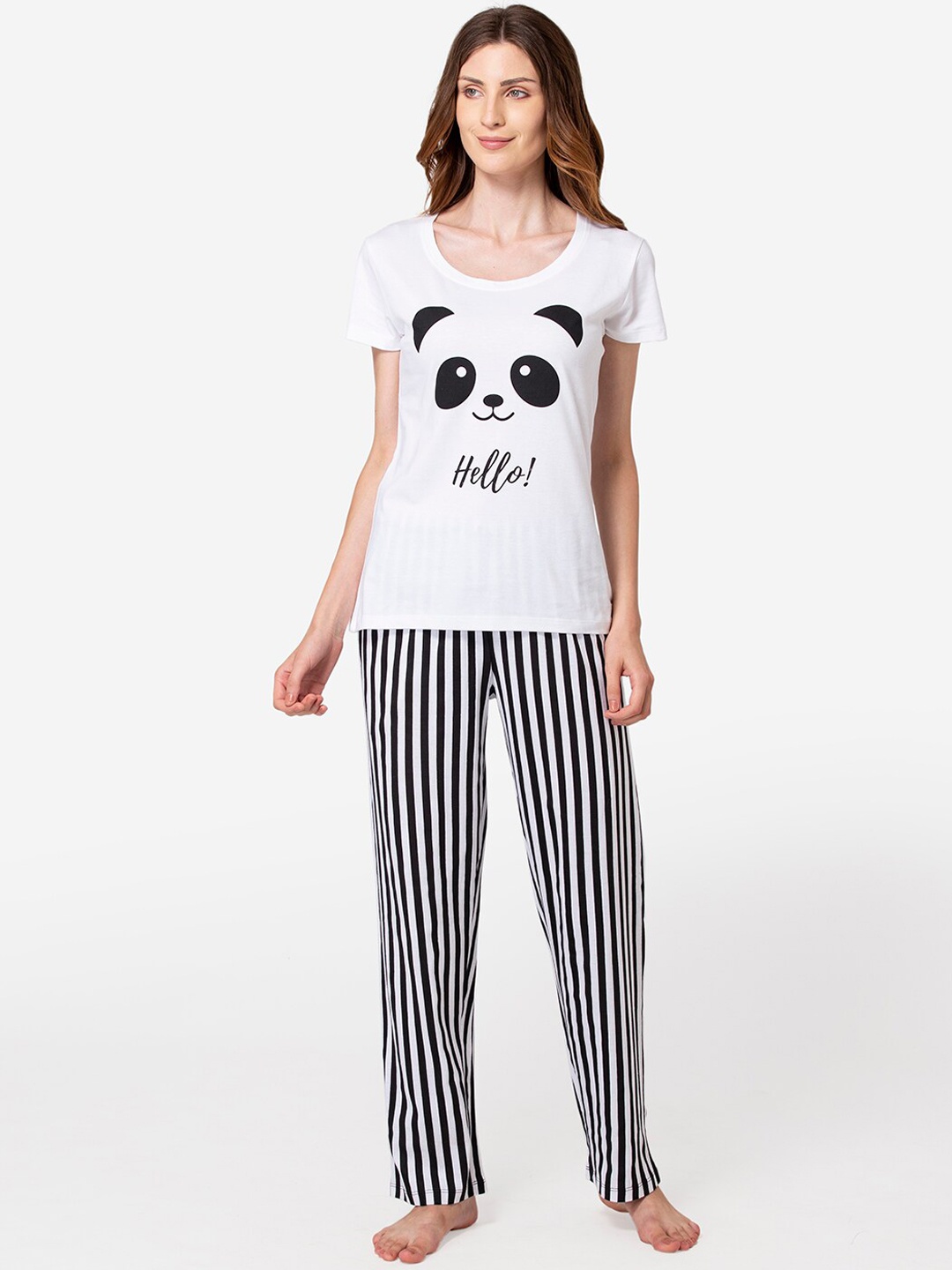 

Lounge Dreams Women Pure Cotton White & Black Printed Night Suit