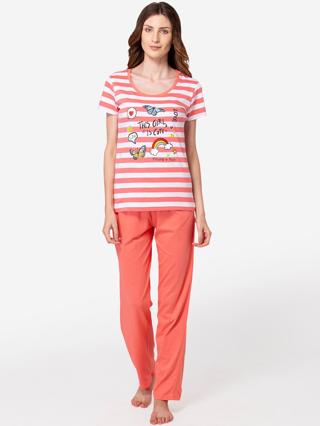 

Lounge Dreams Women Pink Stripd Pure Cotton Night Suit