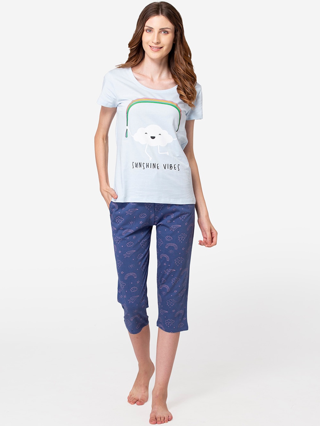 

Lounge Dreams Women Blue & White Printed Pure Cotton Night suit