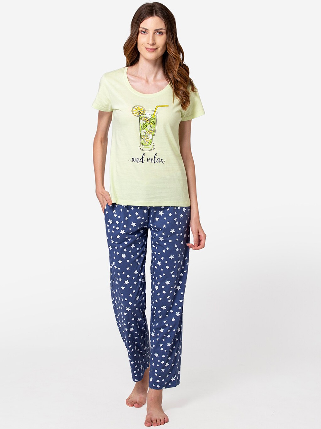 

Lounge Dreams Women Green & Blue Printed Pure Cotton Night suit