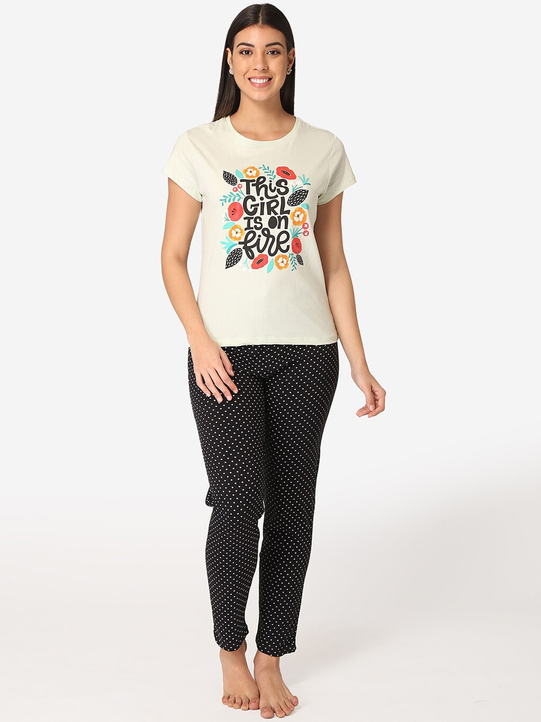 

Lounge Dreams Women Off White & Green Printed Night Suit