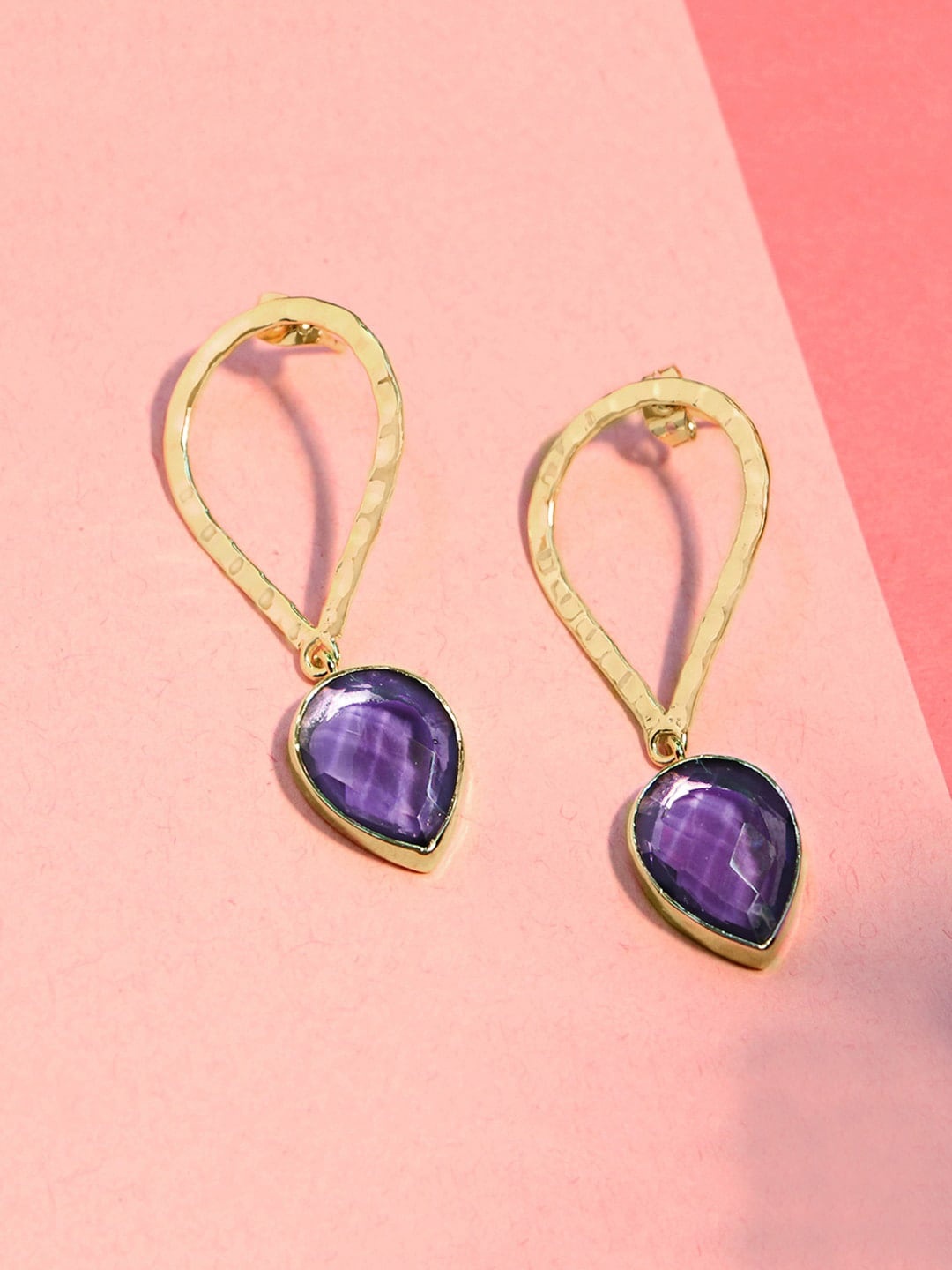 

March by FableStreet Gold-Toned & Purple Teardrop Shaped Drop Earrings