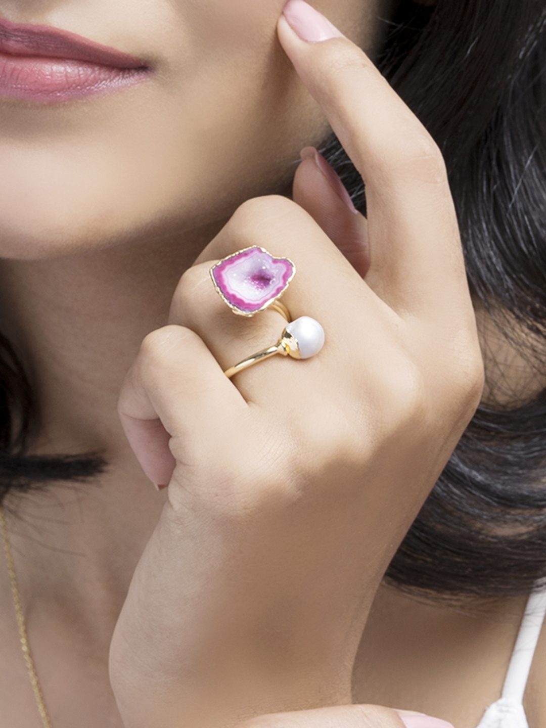 

March by FableStreet 18K Gold-Plated Pink Druzy Pearl Beaded Adjustable Finger Ring