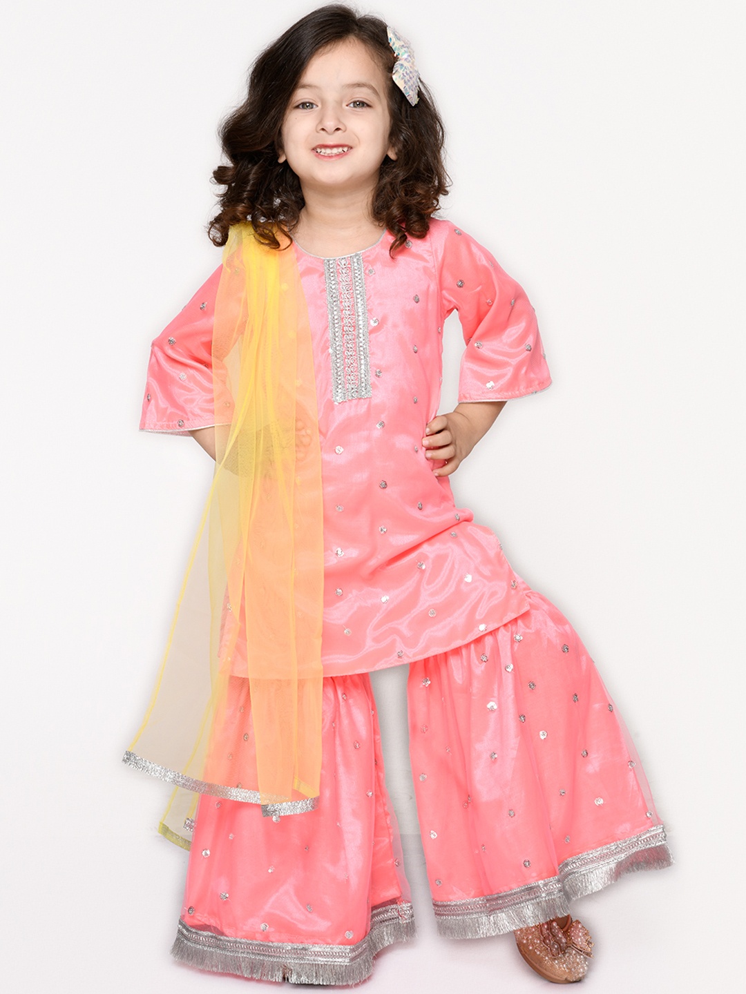 

SAKA DESIGNS Girls Pink Embroidered Kurta with Sharara & Dupatta