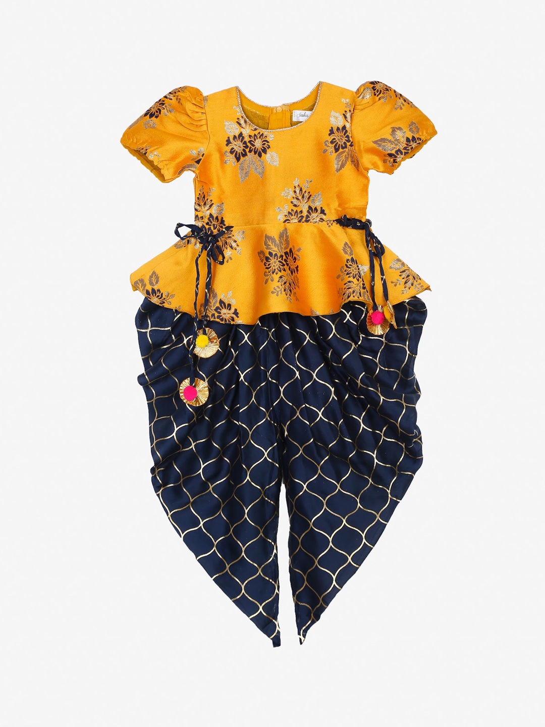 

SAKA DESIGNS Girls Mustard Yellow & Navy Blue Floral Printed Kurti with Dhoti Pants