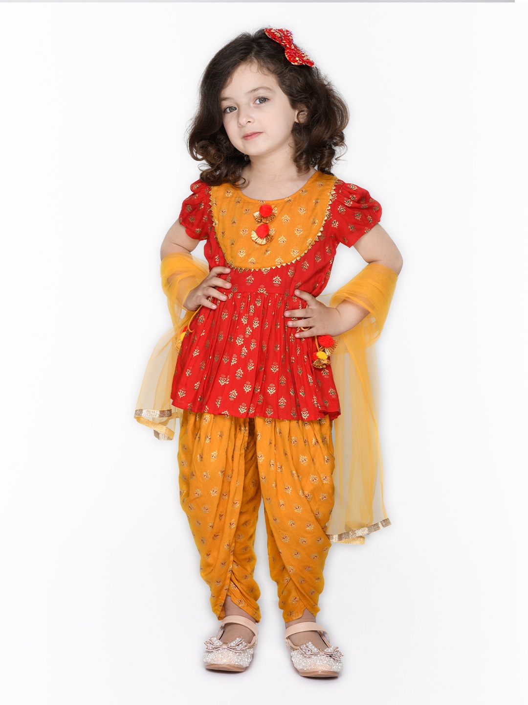 

SAKA DESIGNS Girls Red Ethnic Motifs Embroidered Empire Gotta Patti Kurti with Dhoti Pants & With Dupatta