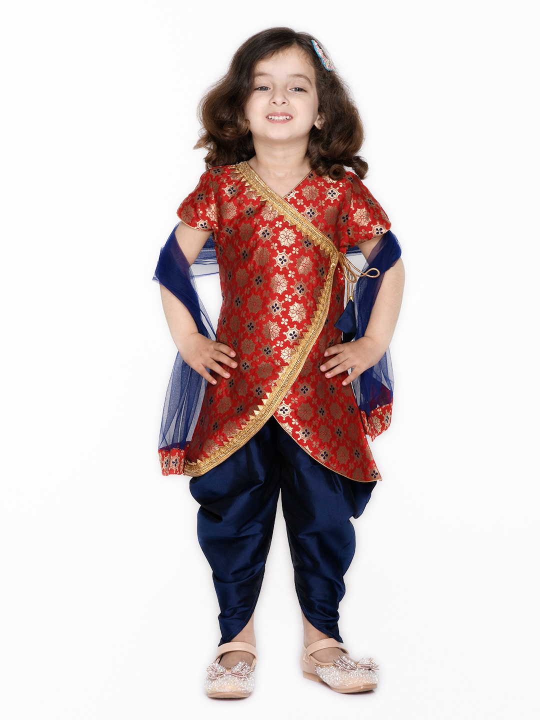 

SAKA DESIGNS Girls Red & Blue Ethnic Motifs Angrakha Kurti with Dhoti Pants & Dupatta