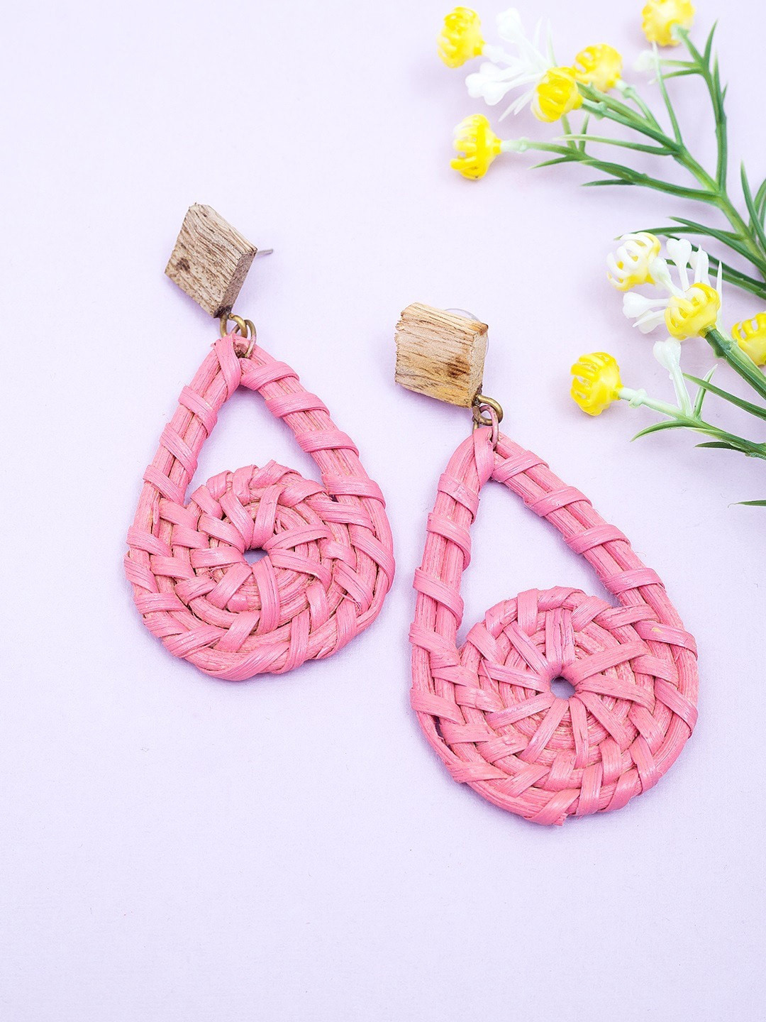 

Golden Peacock Pink Teardrop Shaped Drop Earrings